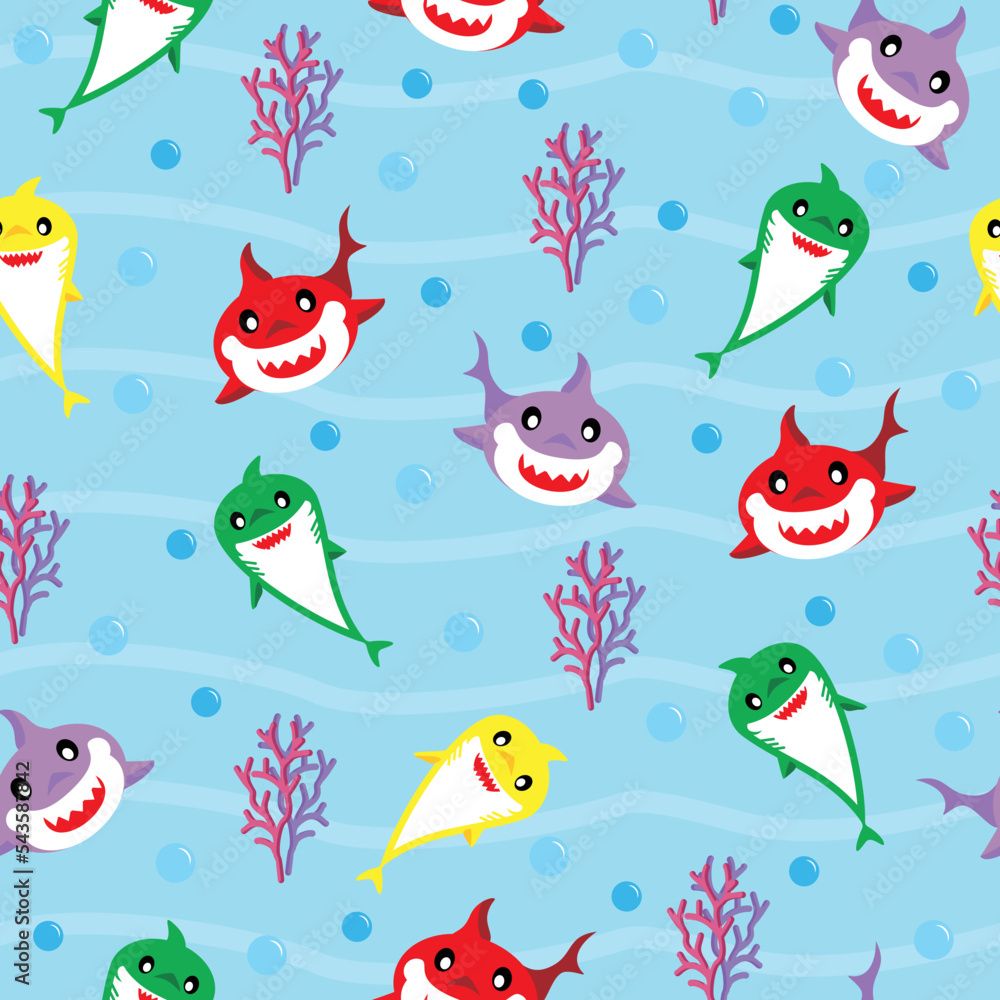 colorful shark seamless repeat pattern, animal sea background