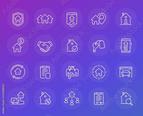 Real estate line icons, tenants, apartments, houses for rent, mortgage and insurance