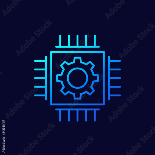 chip, microchip line vector icon with gear