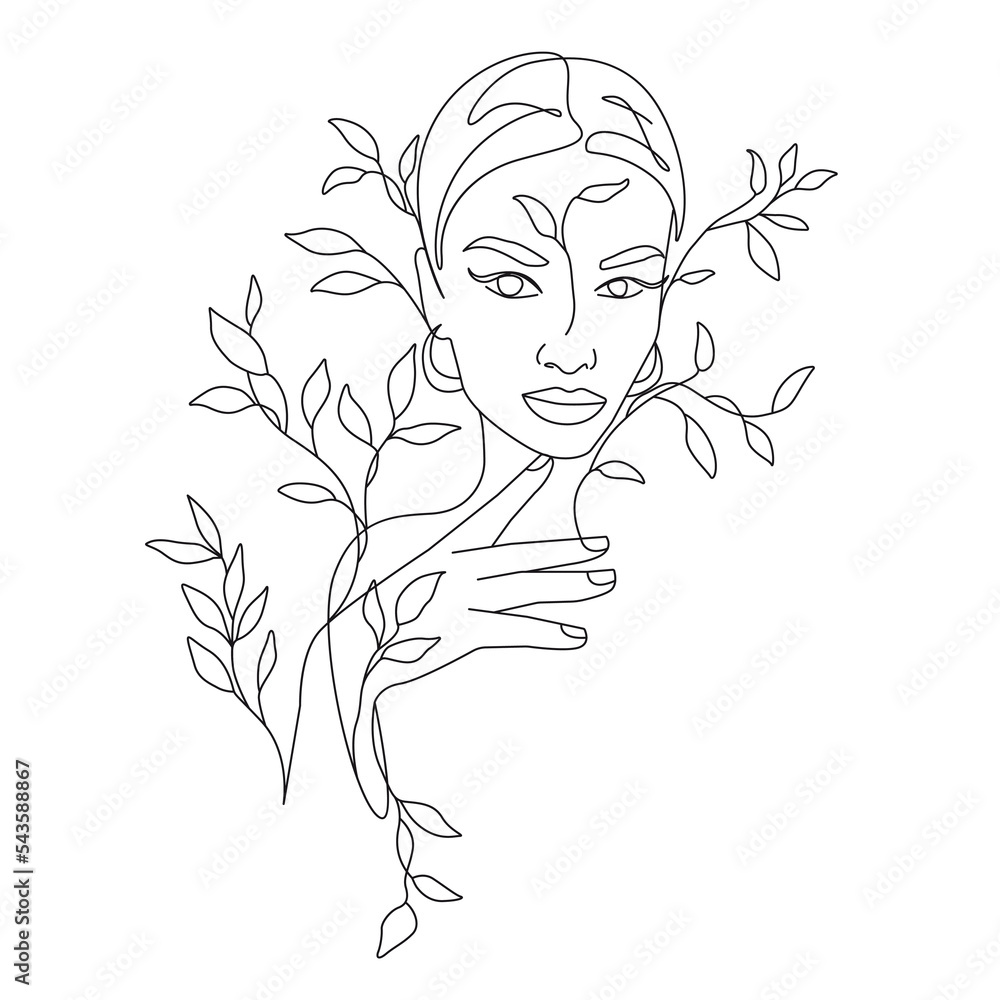 Woman Head with Leaves and Flowers Vector Abstract Line Art Drawing. Style Template with Female Leaves Face. Woman Face Modern Minimalist Simple Linear Style for Beauty Fashion Design Woman Head with Leaves and Flowers Vector Abstract Line Art Drawing. Style Template with Female Leaves Face. Woman Face Modern Minimalist Simple Linear Style for Beauty Fashion Design