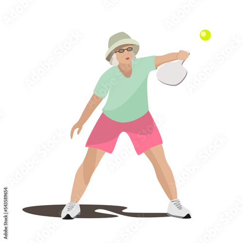 Vector illustration of a pickleball game. Woman of retirement age plays pickleball. An elderly woman and sports. 