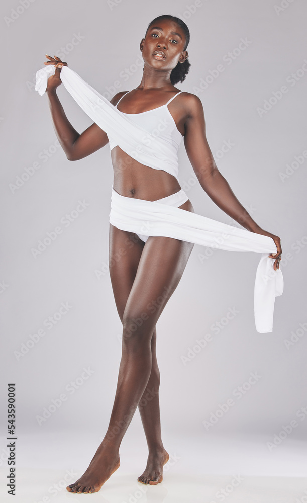 Slim body, underwear and portrait of black woman with white cloth