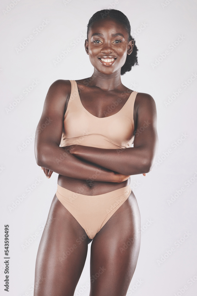 Stockfoto Black woman, underwear model and body in fashion studio, beauty  or body care by white background. Happy african woman, lingerie or bikini  body, cosmetics or skin wellness with smile, proud and