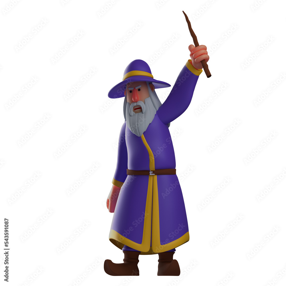 3D illustration. 3D Witch character cartoon raising her wand. showing an angry facial expression. wearing a cool conical hat. 3D Cartoon Character