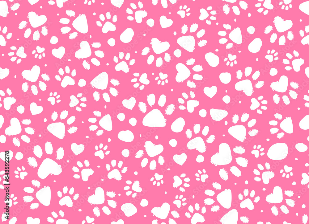 Animal paw print seamless pink and white pattern. Dalmatian Spots.Vector hand-drawn background. 