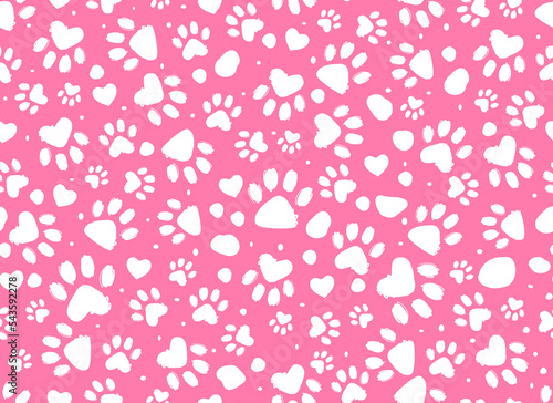 Animal paw print seamless pink and white pattern. Dalmatian Spots.Vector hand-drawn background. 