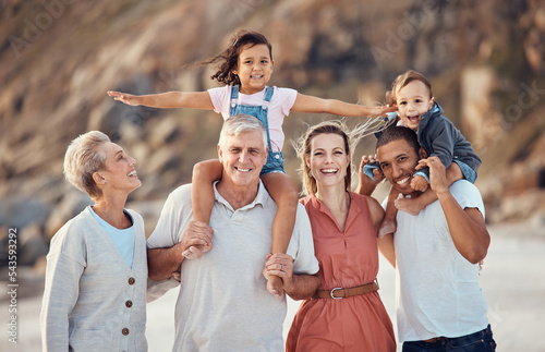 Fotografie Family beach portrait, child on shoulder and dad, mom and multicultural grandparents together on vacation