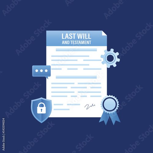 Testament and last will, property bequeath in old age. Retirement document about wealth inheritance and official testamentary document. Funeral ceremony symbol.