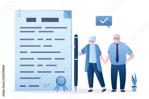 Testament and last will, property bequeath in old age. Elderly couple uses pen and signs document about wealth inheritance and official testamentary document. Grandparents.