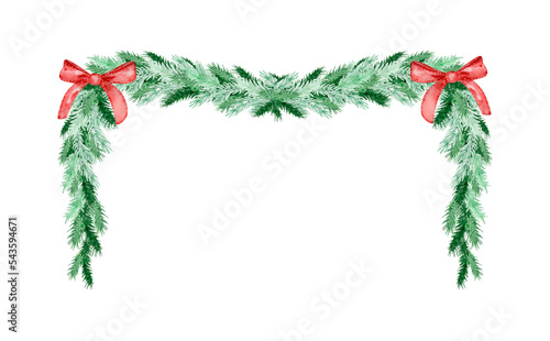 Watercolor Christmas frame of fir and pine branches with bows