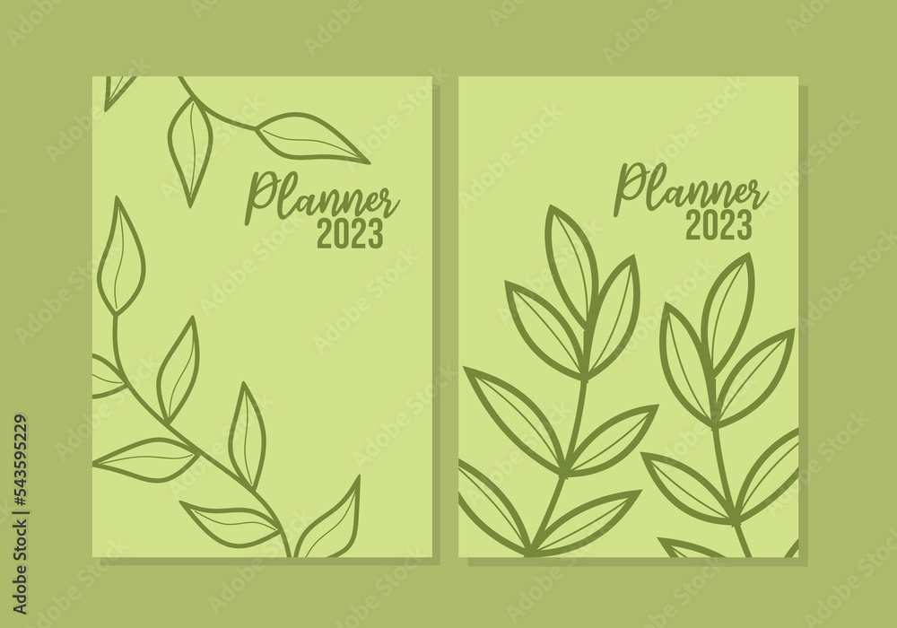 set of green color book cover designs with line art leaf elements.natural background.for poster, card, invitation, flyer, cover, banner, placard, brochure and other graphic design