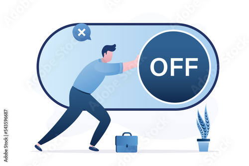 Businessman pulling slider or close button. Shut down the system. Turn off, adjusting control. Setting or preference in application. Change status.