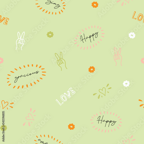 Cute, trendy, conversational seamless pattern print, doodle flowers, floral pattern, thought bubble, positive quotes, slogans, fabric, textile, tshirt, packaging, wrapping, girls, kids, women