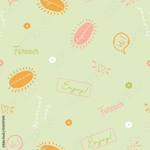 Cute, trendy, conversational seamless pattern print, doodle flowers, floral pattern, thought bubble, positive quotes, slogans, fabric, textile, tshirt, packaging, wrapping, girls, kids, women