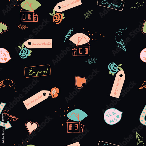 Cute, trendy, conversational seamless pattern print, doodle flowers, floral pattern, thought bubble, positive quotes, slogans, fabric, textile, tshirt, packaging, wrapping, girls, kids, women