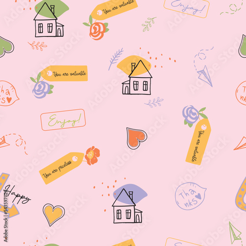 Cute, trendy, conversational seamless pattern print, doodle flowers, floral pattern, thought bubble, positive quotes, slogans, fabric, textile, tshirt, packaging, wrapping, girls, kids, women