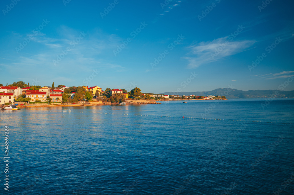 Town of Malinska waterfront aerial view, Island of Krk tourist destination in Croatia