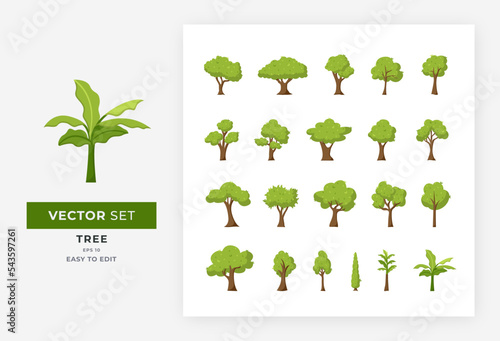 Tree set vector illustration. element collection of forms and types of trees, nature forest and plants, ecology, oak, etc. colorful easy to edit, eps 10.