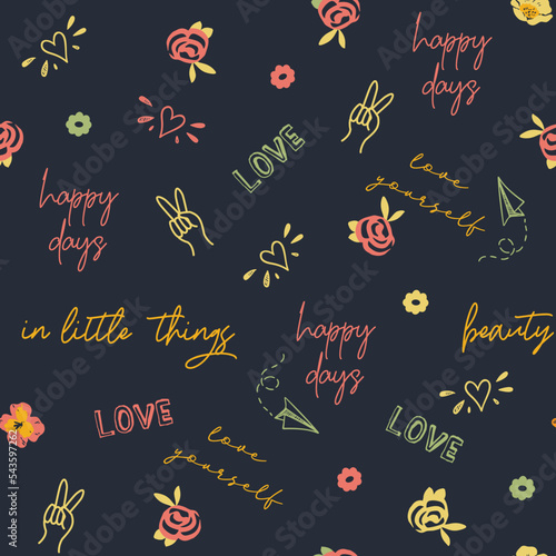 Cute, trendy, conversational seamless pattern print, doodle flowers, floral pattern, thought bubble, positive quotes, slogans, fabric, textile, tshirt, packaging, wrapping, girls, kids, women