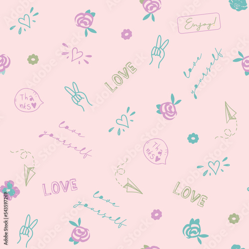 Cute, trendy, conversational seamless pattern print, doodle flowers, floral pattern, thought bubble, positive quotes, slogans, fabric, textile, tshirt, packaging, wrapping, girls, kids, women