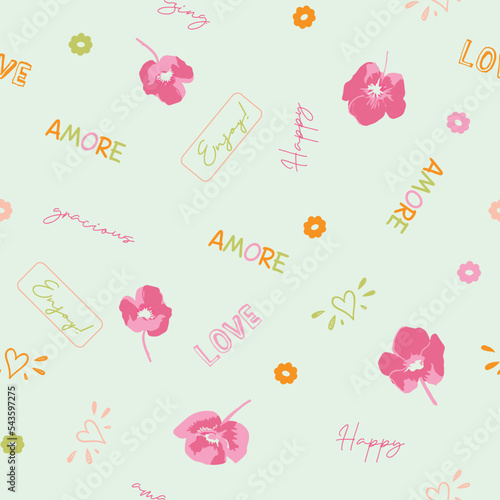 Cute, trendy, conversational seamless pattern print, doodle flowers, floral pattern, thought bubble, positive quotes, slogans, fabric, textile, tshirt, packaging, wrapping, girls, kids, women
