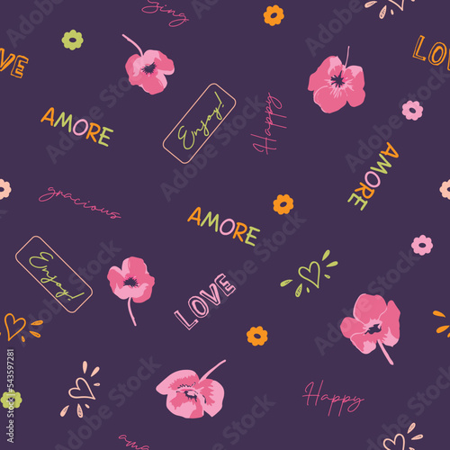 Cute, trendy, conversational seamless pattern print, doodle flowers, floral pattern, thought bubble, positive quotes, slogans, fabric, textile, tshirt, packaging, wrapping, girls, kids, women