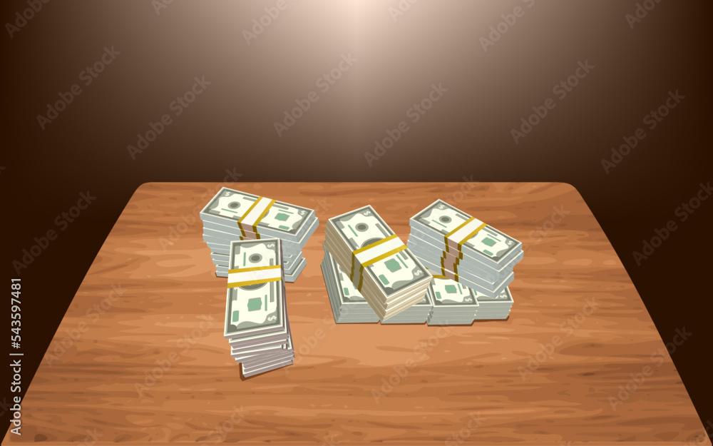 Money stack. Dollar bill stacked. Pile of cash. Currency Notes bundle. Winning price. Depot or withdrawal. Stockpile. Interest. Staking. Investment. Wooden table background. Vector illustration.