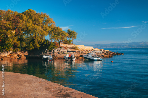 Picturesque sea Adriatic coast of Croatia. View on cape Jadran. Turquoise Mediteran sea and rocky shore with evergreen coniferous trees. Beautiful clouds in blue sky. Wonderful summer landscape