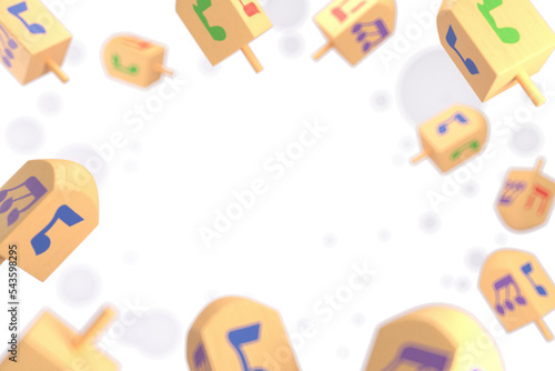 3d rendering frame Image of Jewish holiday Hanukkah with   wooden dreidels or spinning top. photo