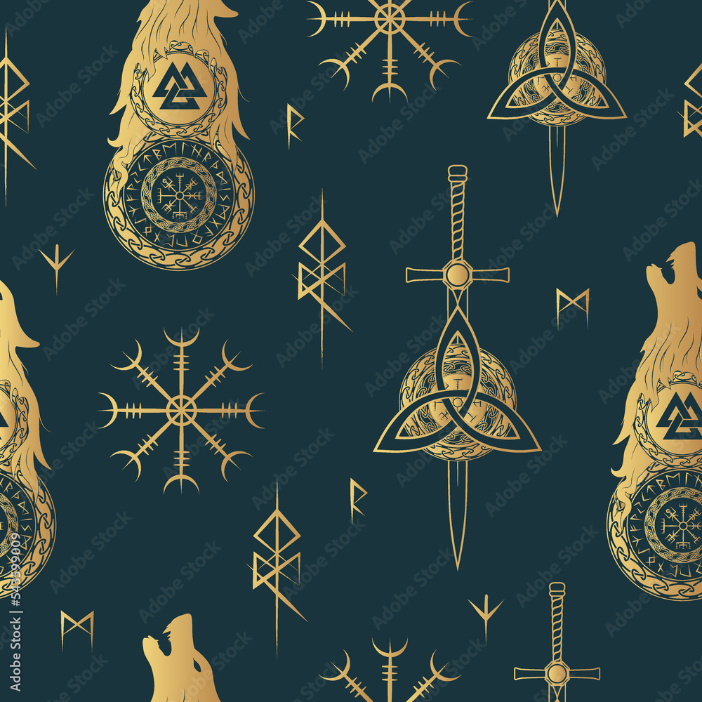 Golden Viking symbols and runes on black background. Gothic seamless