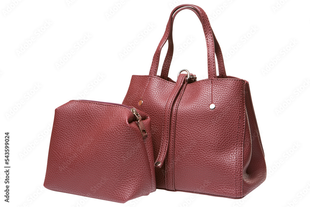 burgundy leather women's bag with long handles and clutch, isolate burgundy leather women's bag with long handles and clutch, isolate