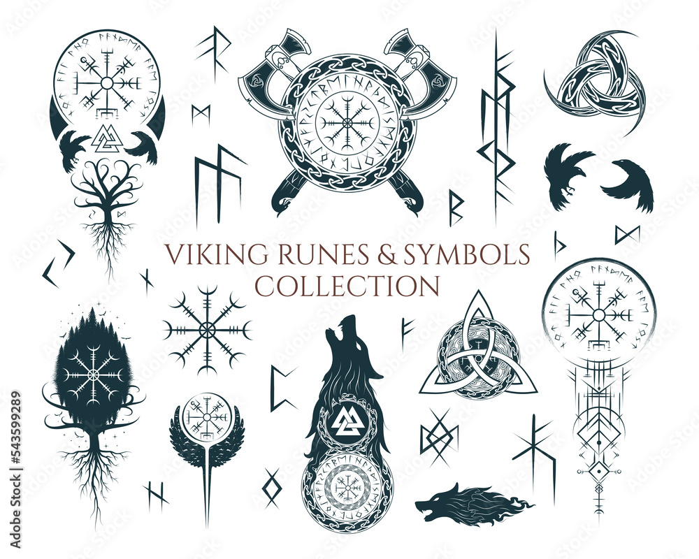 Viking runes and symbols collection.Hand drawn isolated set of pagan norse  sign vegvisir, fenrir, celtic tree of life, viking weapons. Scandinavian  vector illustration. Stock Vector