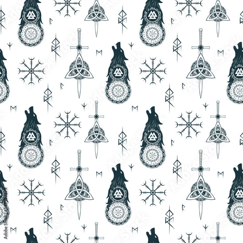 Viking symbols and runes on black background. Gothic seamless texture  for wallpaper, textile, wrapping and covers. Vector illustration.