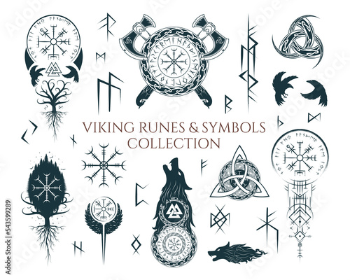 Viking runes and symbols collection.Hand drawn isolated set of pagan norse sign vegvisir, fenrir, celtic tree of life, viking weapons. Scandinavian vector illustration.
