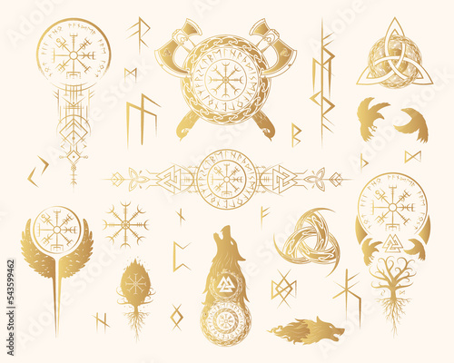 Viking runes and symbols golden collection.Hand drawn isolated set of  pagan norse sign vegvisir, fenrir, celtic tree of life, viking weapons. Scandinavian vector illustration.