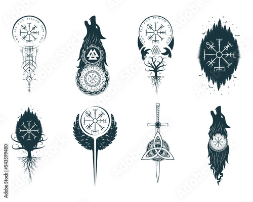Viking symbols isolated set. Hand drawn collection of  pagan norse sign vegvisir, fenrir, yggdrasil, triquetra. Scandinavian vector illustration.