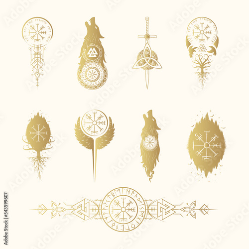 Golden Viking symbols isolated set. Magic collection of  pagan norse sign vegvisir, wolf, celtic tree of life, viking weapons. Scandinavian vector illustration.