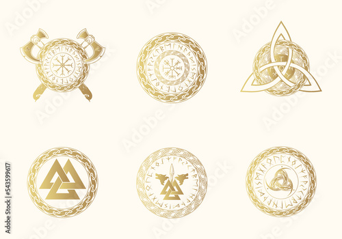 Golden Viking symbols collection. Isolated set of six  pagan norse sign vegvisir, triquetra, valknut, fenrir, viking axe and skaldenment. Scandinavian vector illustration.