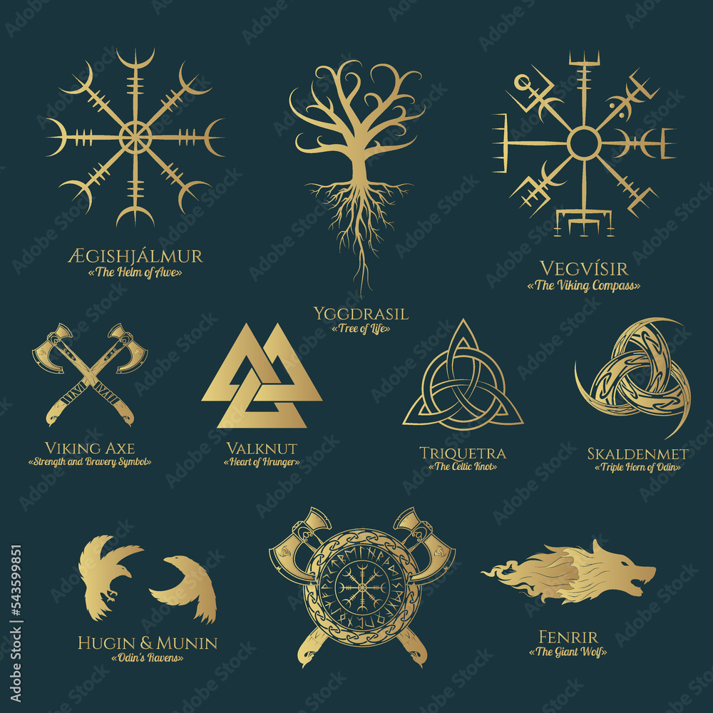 Viking symbols isolated set. Golden collection of Scandinavian signs ...