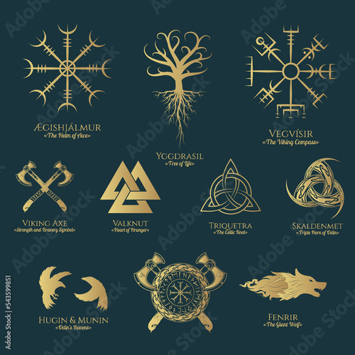 Viking symbols isolated set. Golden collection of Scandinavian signs vegvisir, Fenrir, yggdrasil, viking axe. Vector illustration for  print and t-shirt design. photo