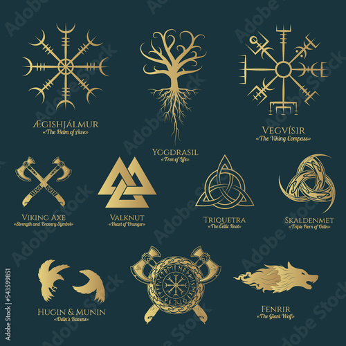 Viking symbols isolated set. Golden collection of Scandinavian signs vegvisir, Fenrir, yggdrasil, viking axe. Vector illustration for  print and t-shirt design.