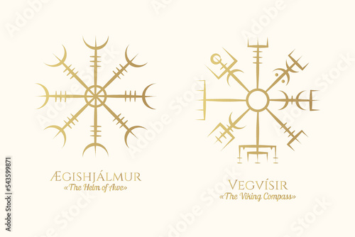 Golden Viking symbols. Two icons of vegvisir and aegishjalmur  isolated on white background. Vector illustration, pagan norse design. 