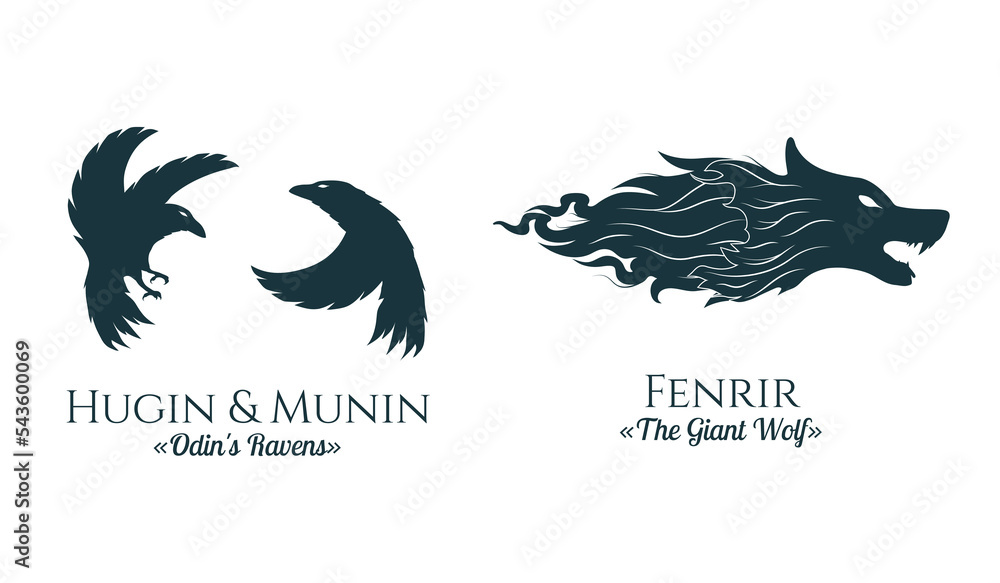 Viking symbols the Giant wolf and Odin's Ravens. Two isolated scandinavian vector illustration for  tattoo, print and t-shirt design. - obrazy, fototapety, plakaty 