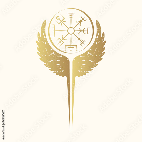 Viking symbols vegvisir and raven wings . Golden vector isolated illustration in celtic style.