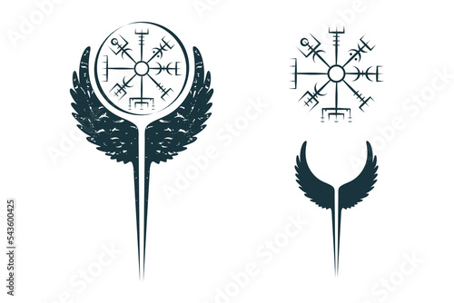 Viking symbol vegvisir and raven wings . Vector isolated illustration in celtic style for tattoo, print and t-shirt design.