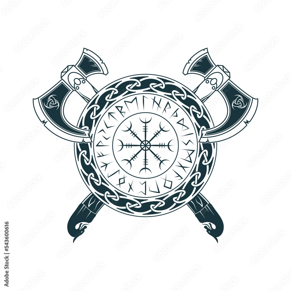 Viking strength and bravery symbols. Crossed axes and Vegvisir, magic ...