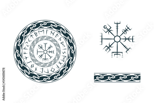 Viking symbols isolated set. Hand drawn collection of scandinavian signs vegvisir, aegishjalmur and celtic ornament.  Vector illustration on white background for  tattoo, print and t-shirt design. 