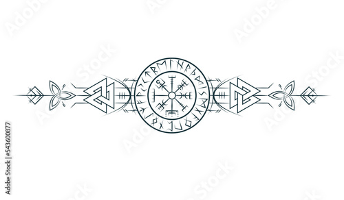 Viking symbol  vegvisir. Magic runic compass, in a circle of Scandinavian runes. Vector illustration for  tattoo, print and t-shirt design.