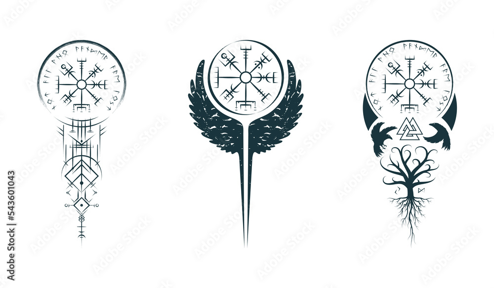 Vetor de Viking symbols isolated set. Hand drawn collection of pagan ...