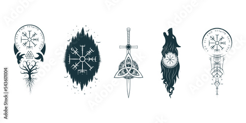 Viking symbols isolated set. Hand drawn collection of pagan norse sign vegvisir, fenrir, yggdrasil, triquetra, valknut, sword and ravens. Scandinavian illustration for tattoo, print, t-shirt design